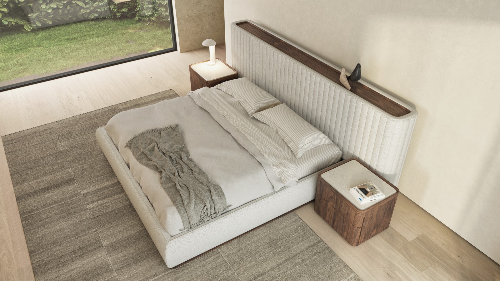 Illustrated in light natural Walnut 500 / Idol fabric ID002 / Caesarstone Quartz Bianco Drift 831 Illustrated in light natural Walnut 500 / Idol fabric ID002 / Caesarstone Quartz Bianco Drift 831