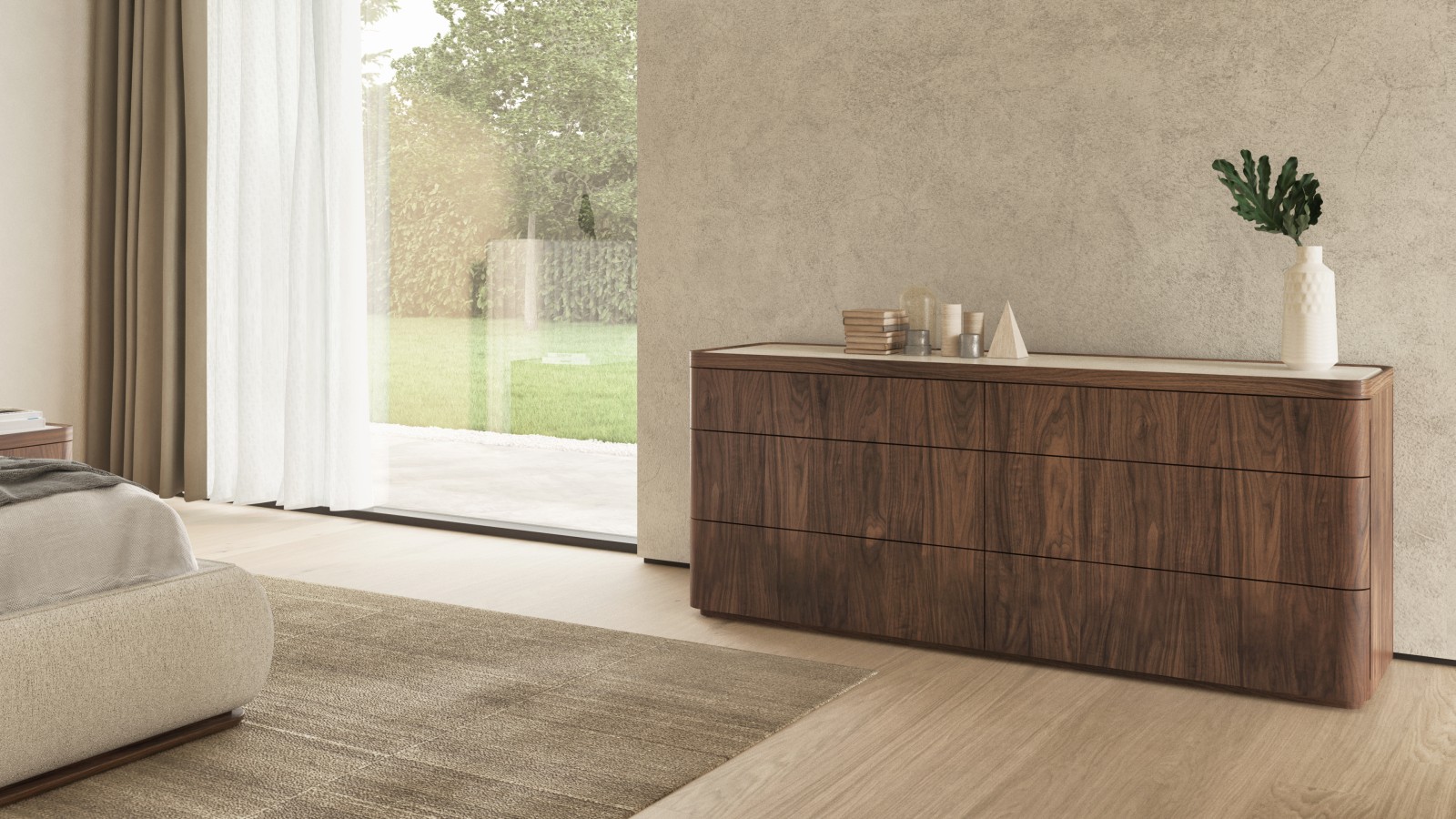 Illustrated in light natural Walnut 500 / Idol fabric ID002 / Caesarstone Quartz Bianco Drift 831 Illustrated in light natural Walnut 500 / Idol fabric ID002 / Caesarstone Quartz Bianco Drift 831