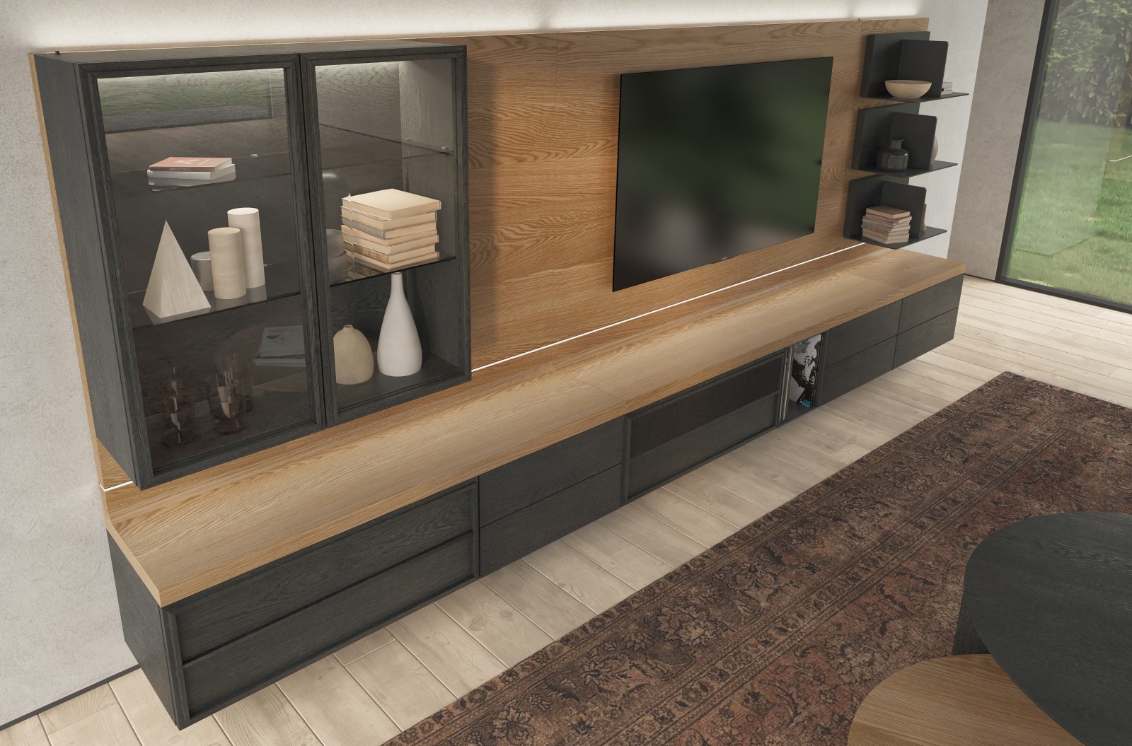 Illustrated in Oiled Oak 410 / Blackened Oak 423 / Lacquered Steel Black Titanium 698