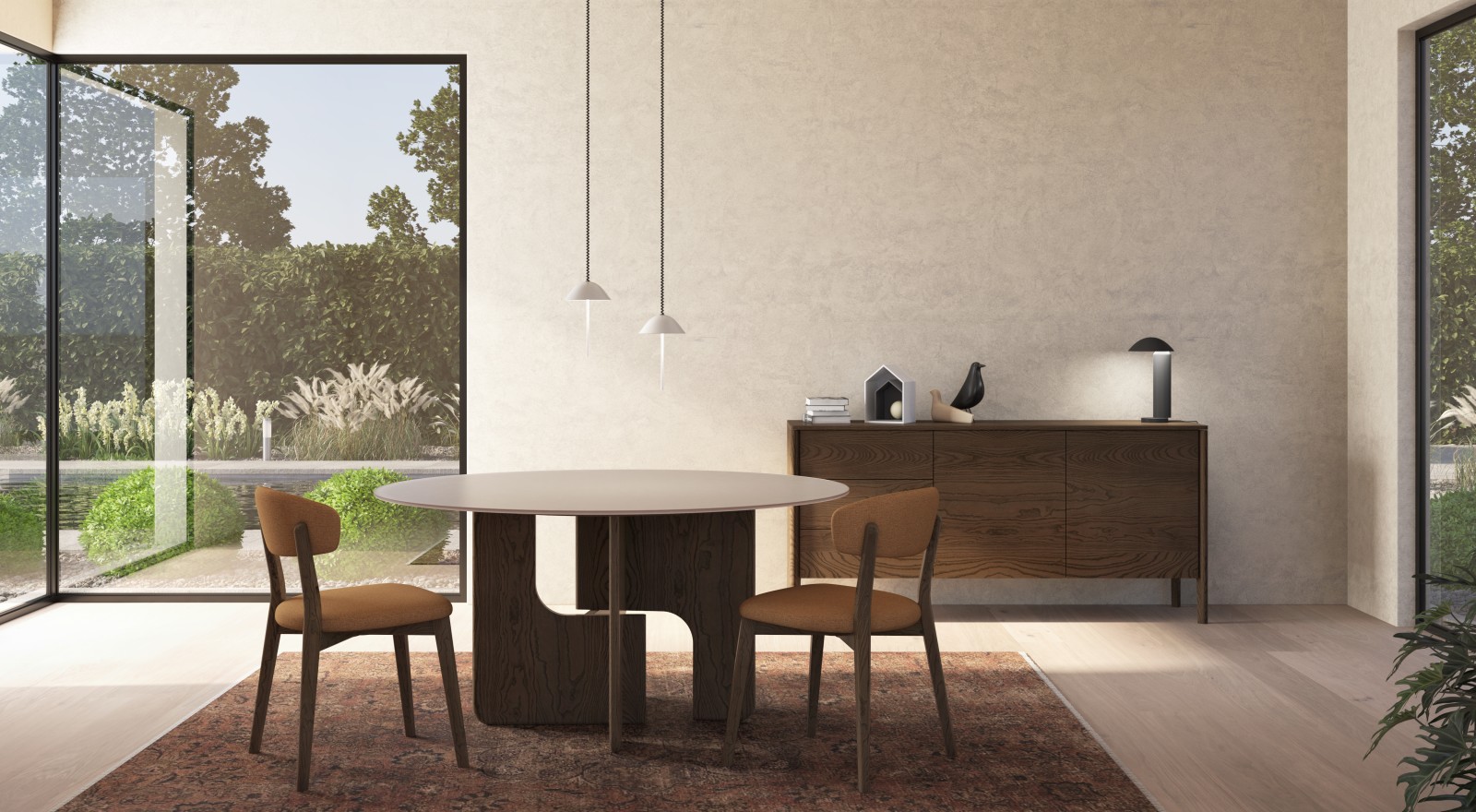 Illustrée en Frêne cognac 730 / Verre laqué givré Crème 321 / Tissu Idol ID028
