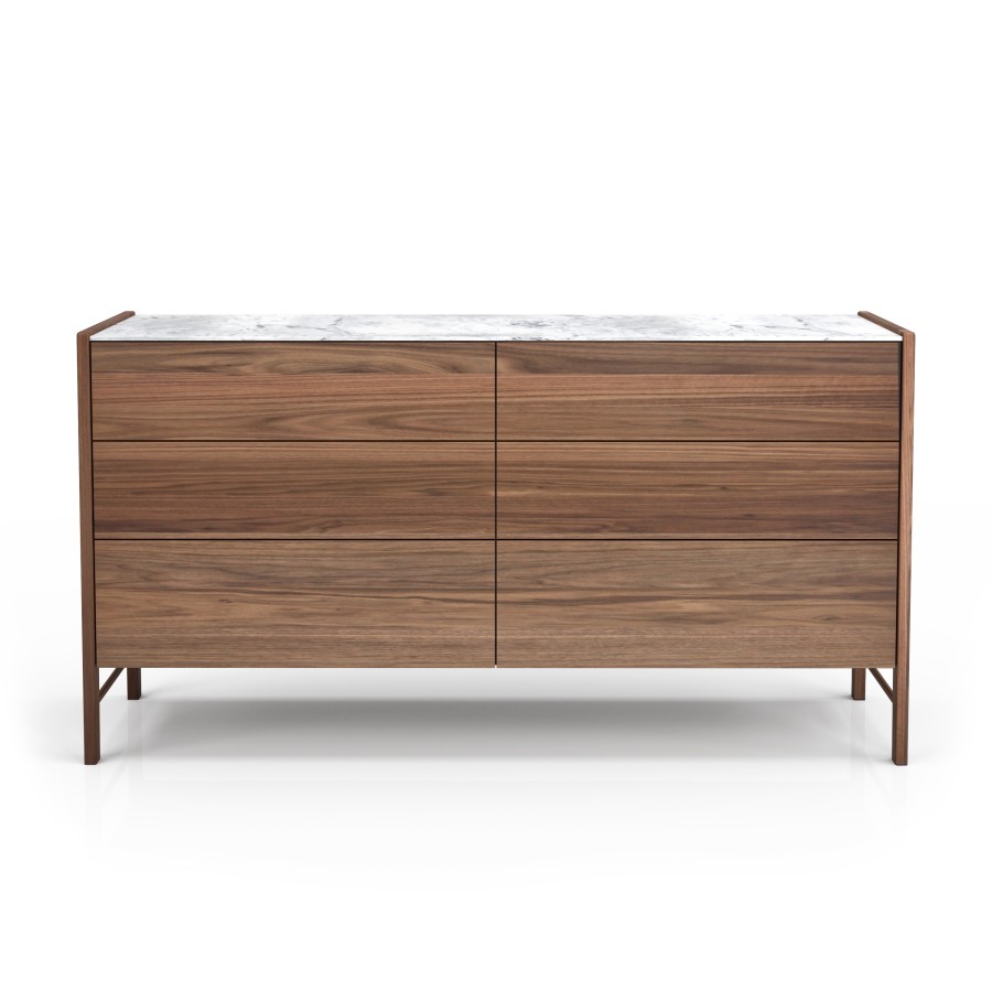 Illustrated in natural light walnut #500 et white Cherokee marble Modern chest of drawer Frida with sleek design and ample storage options