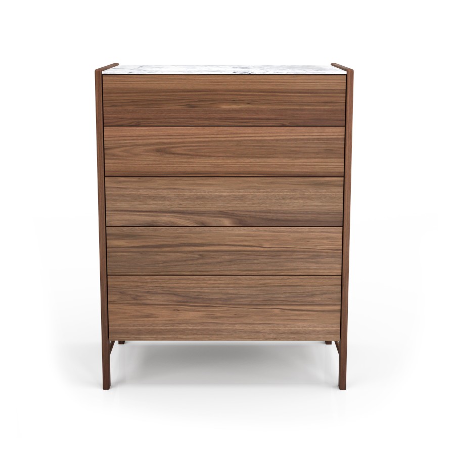 Illustrated in natural light walnut #500 et white Cherokee marble Modern chest of drawer Frida with sleek design and ample storage options