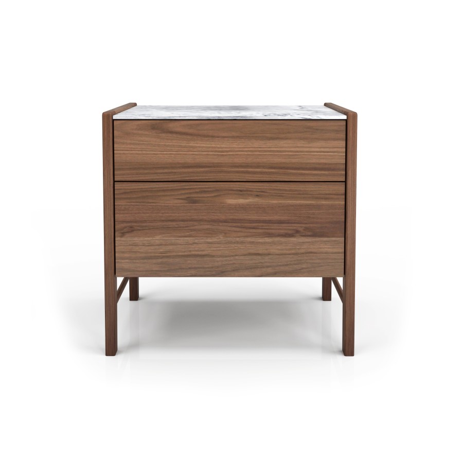 Illustrated in natural light walnut #500 et white Cherokee marble Modern nightstand Frida with sleek and stylish bedside tables for contemporary bedrooms