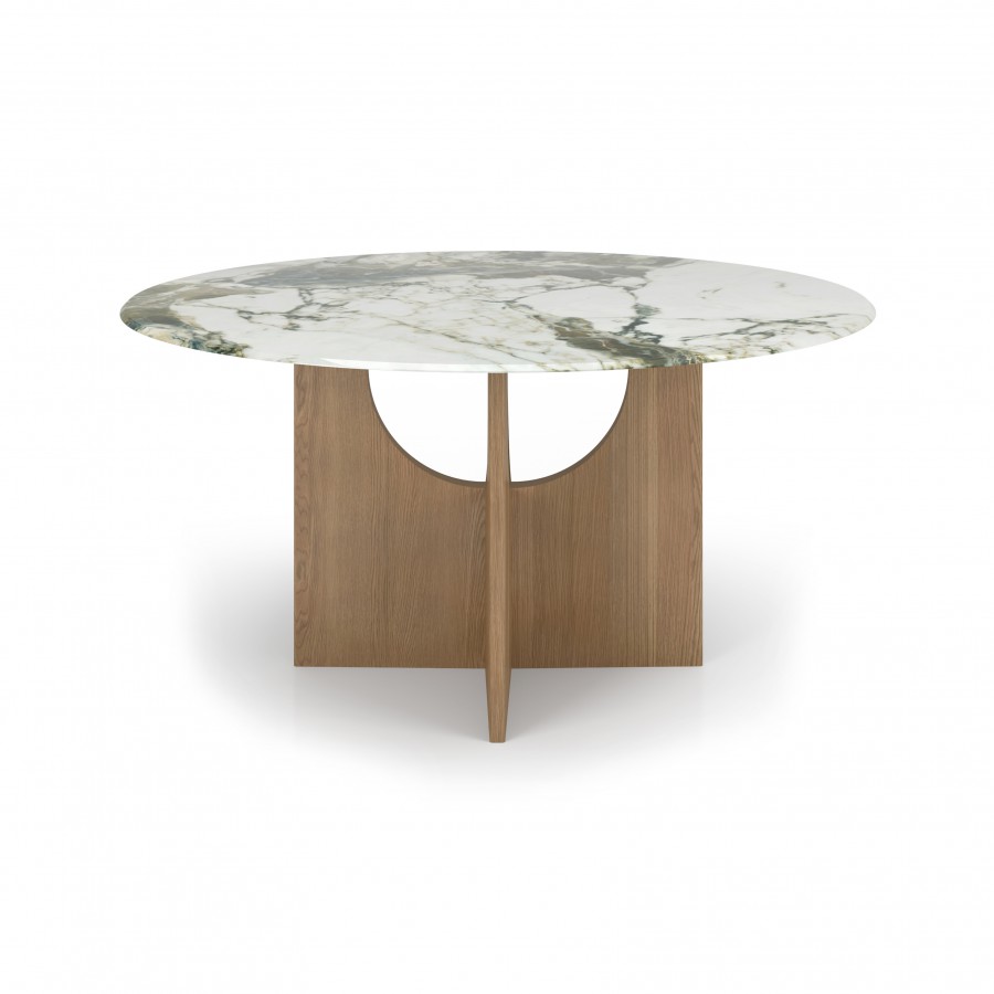 Modern dining table Kobe in wood & printed glass with matching chairs